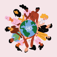 Diverse people holding planet earth together diversity