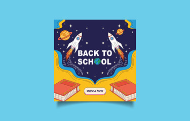 Creative Back to School Design with Rockets Planets and Books for Educational Promotion and Social Media Campaign Engagement