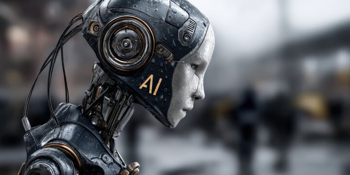 Futuristic AI: a close-up profile of a metallic robot with the AI symbol engraved on its frame. Depicting technological advancement and artificial intelligence Generative Ai