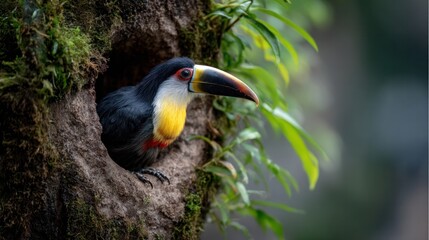 A colorful toucan bird nesting in a tree hollow, surrounded by lush green foliage. The toucan has a striking beak and vibrant feathers.
