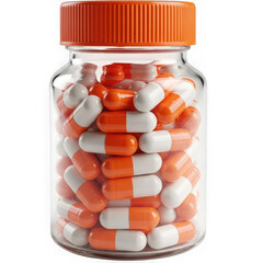 A clear glass jar filled with many orange and white capsules, isolated on a transparent background