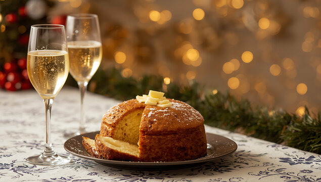 2026 New Year's Eve Party setting with glasses filled with sparkling wine and cake wooden table ai generative