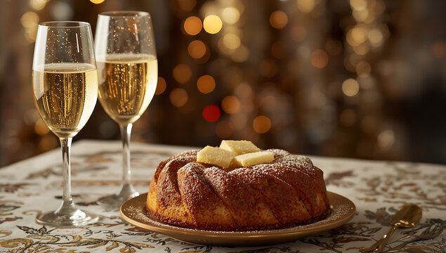 2026 New Year's Eve Party setting with glasses filled with sparkling wine and cake wooden table ai generative