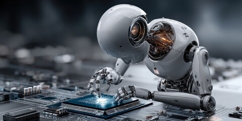 Fototapeta premium Robotic Assembly: Two futuristic robots working together, meticulously assembling a complex microchip, epitomizing technological advancement and precision. Generative Ai