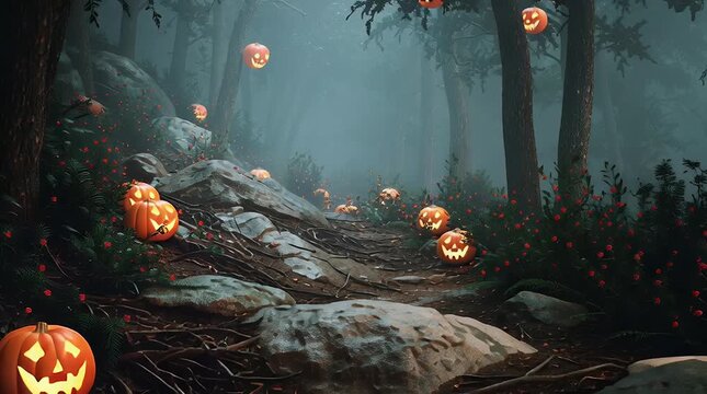 Enchanted forest path at night, glowing jack o' lanterns illuminate a mystical trail. Dark, foggy atmosphere with pixel art style. Spooky Halloween scene.