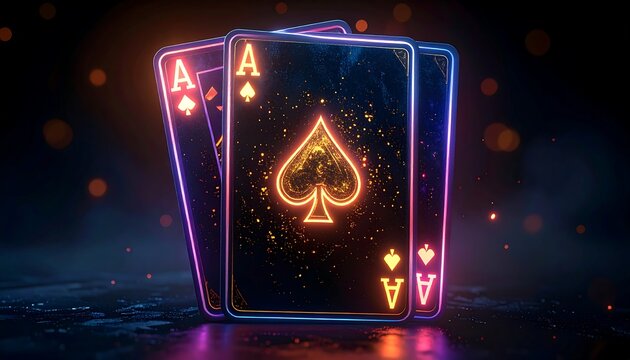 Three playing cards, aces of spades, glowing with vibrant neon colors, on a dark reflective surface