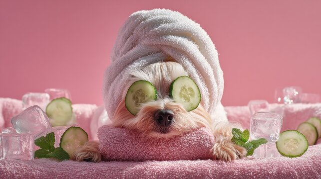 A pampered dog at the spa, enjoying cucumber slices on its eyes and a towel on its head - Powered by Adobe