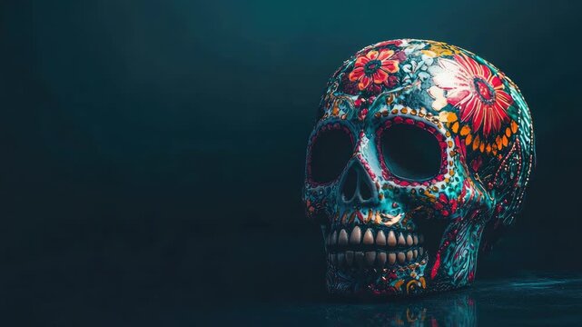 Intricately decorated skull with vibrant floral patterns against dark background