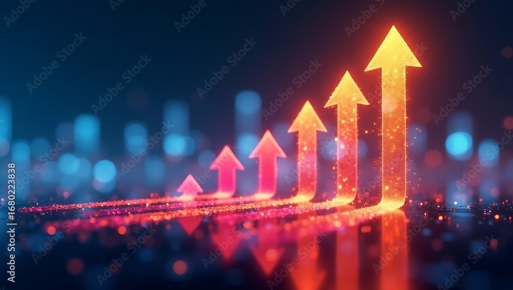Poster a conceptual business growth chart. a futuristic graph with glowing arrows showing an upward financi