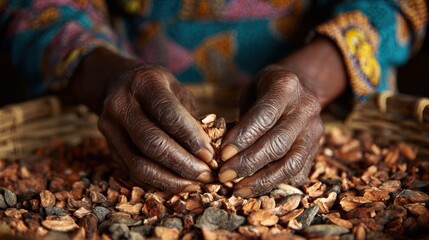 Close medium shot capturing the intense concentration on a womans hands as she manually crushes roasted shea nuts with the collectives activity softly out of focus behind her.