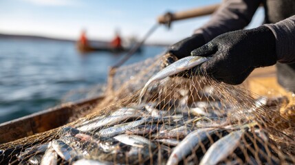 An image showing the fisherman hands are holding the fish and net on the fishing boat