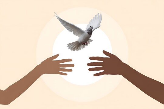 White dove taking flight between outstretched hands symbolizing peace, hope, and unity, perfect for global concepts and humanitarian projects