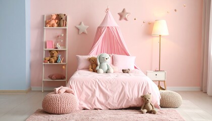 A cozy children's bedroom with cute stuffed animals placed from smallest to largest on the bed and shelves. Soft pastel tones, cozy and playful environment
