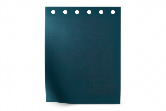 Crumpled teal paper sheet with perforated edges curling against transparent backdrop, providing minimalist design and writing area