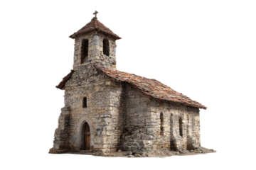 Rustic Stone Chapel with Bell Tower on Transparent Background