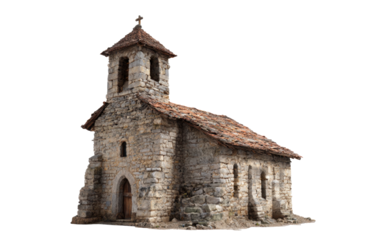 Rustic Stone Chapel with Bell Tower on Transparent Background