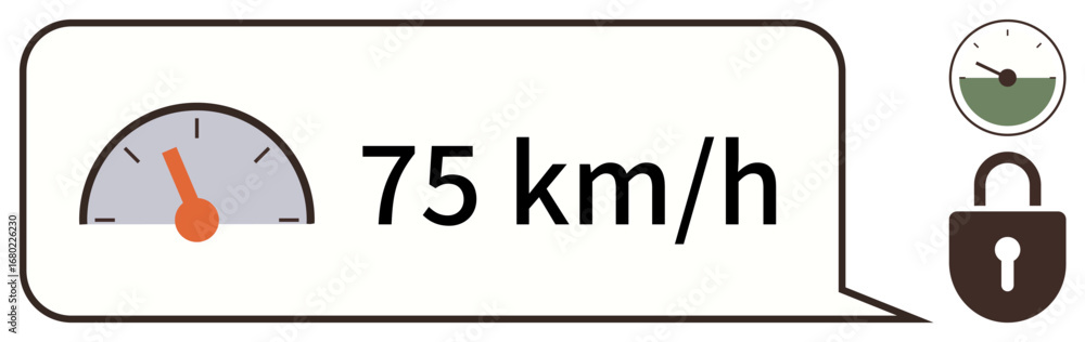 Poster speedometer with 75 kmh reading, attached lock icons symbolizing secure speed limits. ideal for tech