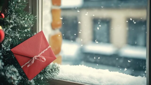 Red envelope on snowy window ledge with green pine branches, capturing winter holiday ambiance