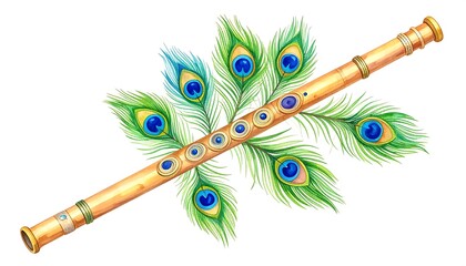 A golden flute adorned with peacock feathers