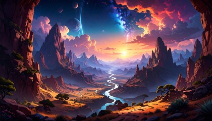 Epic mountain landscape, celestial sunrise