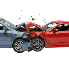 Two cars in a headon collision, with hoods crumpled and debris flying, isolated on transparent background