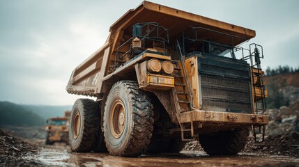 Detailed shot of a heavy dump truck parked on site with the environment softly out of focus emphasizing customizable rental plans for largescale earthmoving tasks