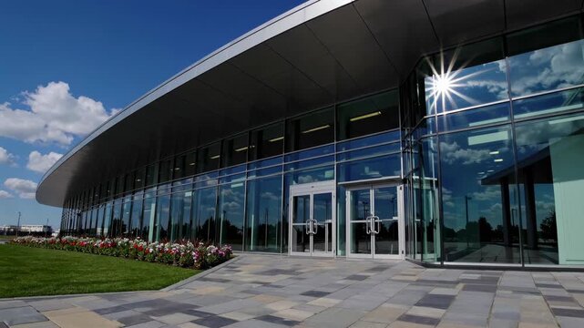 Modern architecture features large glass facade on a bright sunny day