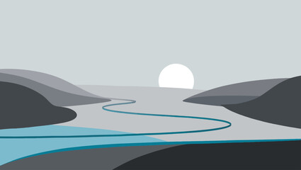 Serene river landscape with rising sun minimalist vector art and scalable illustration for nature themes