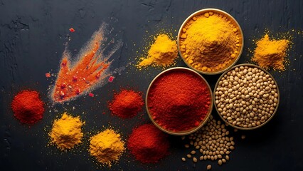 Spices and Soybeans on Dark Surface – Turmeric, Chili Powder, and Legume Composition