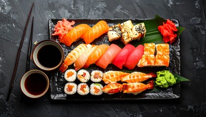 Delicious Assortment of Fresh Sushi A Culinary Delight on a Black Plate
