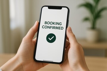 Booking Confirmed: Two hands tenderly holding a smart phone, the screen displaying a triumphant Booking Confirmed message, signifying a successful transaction and seamless service.
