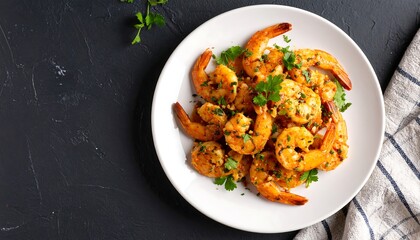 Spanish dish Gambas al Ajillo on clean dark background