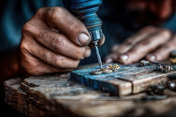 Close-up of jeweler drilling small gold pieces