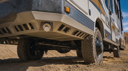Obraz premium Closeup medium shot highlighting skidproof features on an offroad RVs undercarriage emphasizing protective plates and rugged durability.