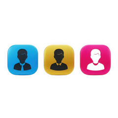 Three user profile icons in different colors blue, yellow, and pink, representing different people or accounts, isolated on transparent background