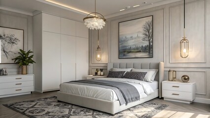 Elegant and Contemporary Bedroom Interior Design Featuring Plush Bedding and Stylish Lighting Fixtures for a Comfortable Retreat