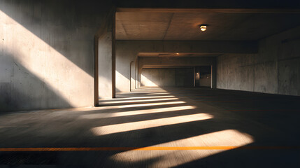 Concrete parking ramp dramatic sunlight and shadow lines architectural geometry abstract perspective