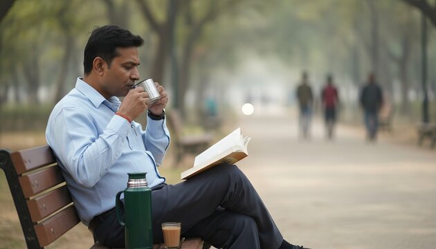 Indian man reading a book on park bench while drinking coffee - Powered by Adobe