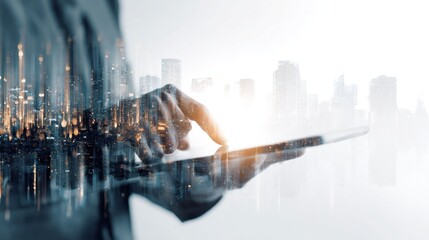 A person interacting with a tablet device in an office environment, overlaid with cityscapes. The scene evokes a sense of technology and urban progress.