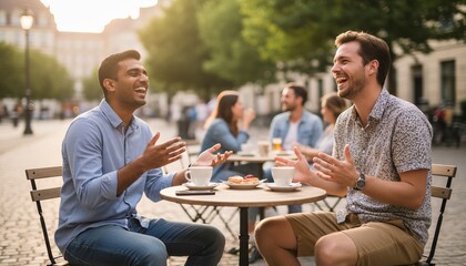 Candid friends enjoying coffee outdoors in urban setting