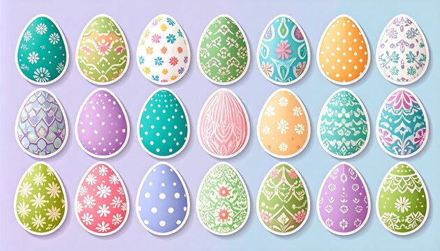 Colorful patterned Easter eggs arranged in rows