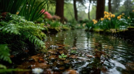 Naklejka premium A peaceful stream flowing through a lush forest, surrounded by vibrant greenery. The water reflects the surrounding trees, and the sun is shining 