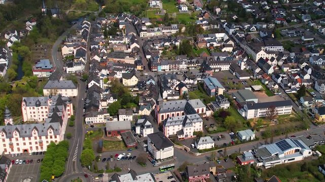 Aerial view around the old town of the city Hadamar, Germany on a sunny spring morning