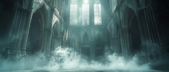 Obraz premium mysterious cathedral ruins with dramatic spotlight beams high resolution picture