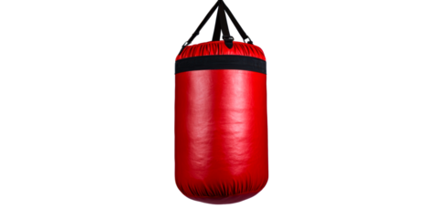 Red Punching Bag Suspended Against a Light Blue Sky, cut out transparent