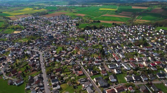 Aerial view around the old town of the city Hadamar, Germany on a sunny spring morning