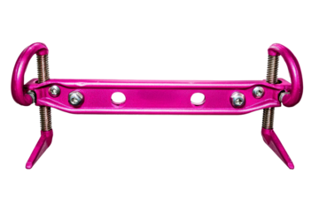 Adjustable metal clamp with pink coating and spring mechanism, cut out transparent