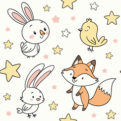 Fototapeta premium Cute Seamless Pattern with Cartoon Forest Animals, Fox, Bunny, and Bird with Stars for Nursery Wallpaper and Baby Textile Design