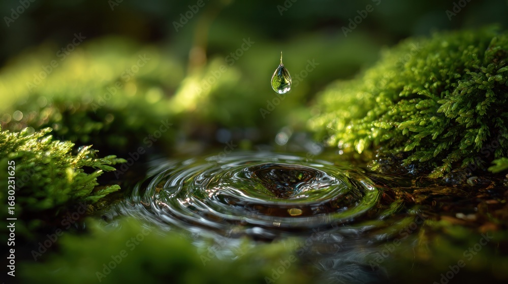 Poster a close-up shot capturing a single water droplet as it falls into a pool, creating ripples in a sere