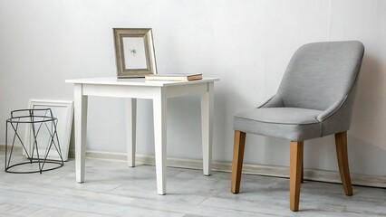 Minimalist Home Decor Featuring White Table Gray Chair and Picture Frames Simple Interior Design Composition for Modern Living